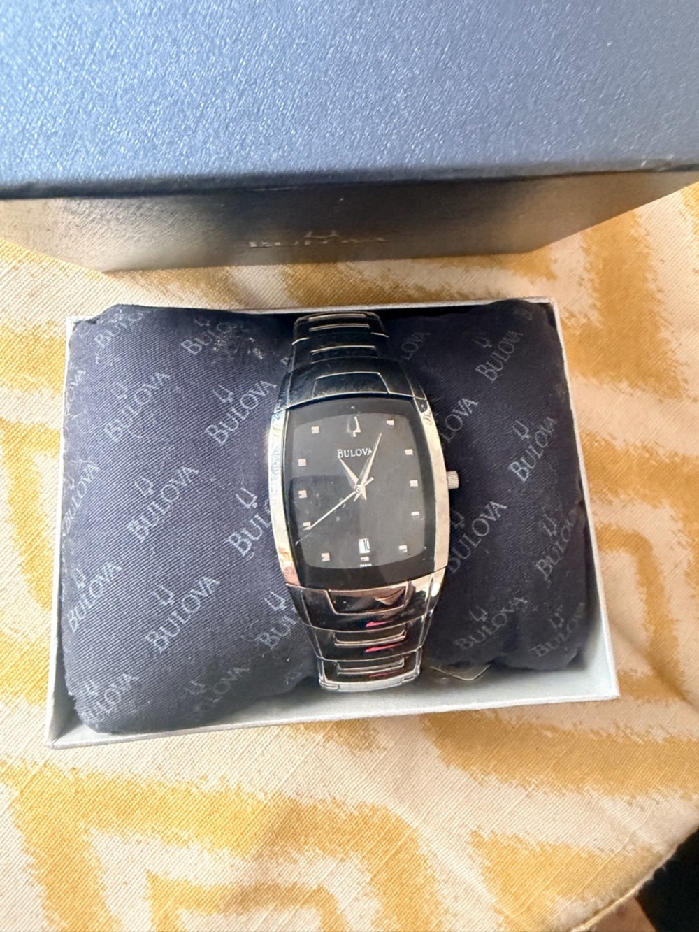 Bulova Silver Stainless Steel Watch with Black Dial